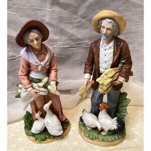 HOMCO Porcelain Figurines 1477 Elderly Couple Woman Geese Old Man Chickens Home